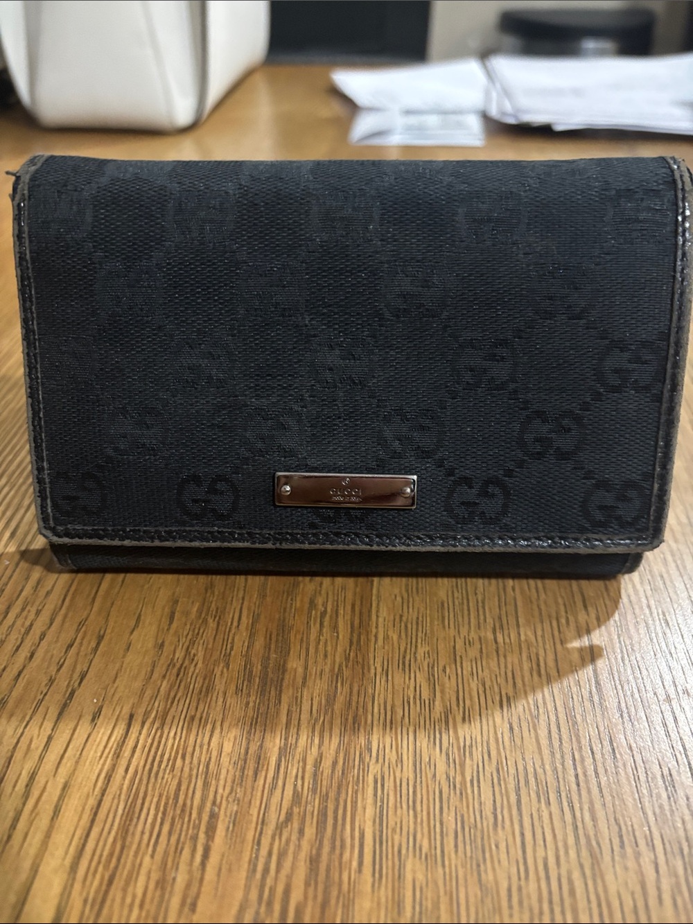 Gucci Black GG Logo Canvas Compact Wallet with Silver Plate